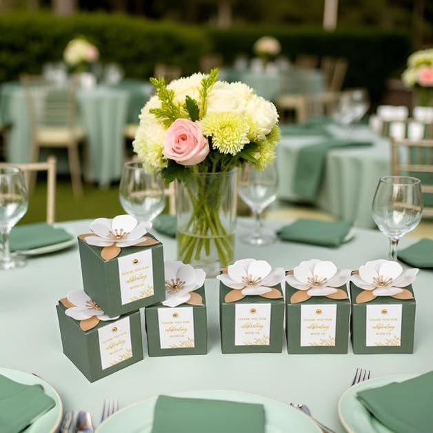 FEIYI 20 PCS Gift Boxes, 3 In 1 Olive Green Favor Boxes with Floral Decor, White Thank You Tags Cupcake Containers Gift wrapping for Wedding, Baby Shower, Birthday, Decorations Party - 3.55x3.55x3.55