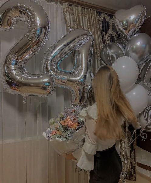 40 Inch Silver Large Number 14 Birthday Balloon, Giant Number Four 14 41 Balloons, Foil Mylar Big Balloons for Anniversary Graduation Supplies Decorations
