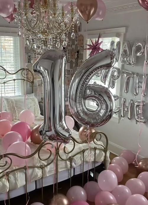 40 Inch Silver Mylar Foil Number 16 Birthday Balloon, Digital Balloons for 16 Boy Girl Party Decorations Supplies, Big Helium Balloon Numbers for 61 Men Women Anniversary