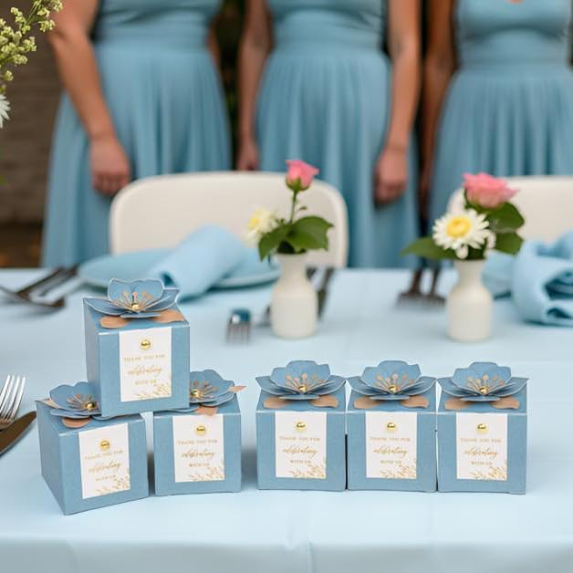 FEIYI 20 PCS Favor Boxes, 3 In 1 Dusty Blue Candy Boxes with Floral Decor, White Thank You Tags Gold Foil Print Gift wrapping for Wedding, Baby Shower, Birthday, Decorations Party - 2.55x2.55x2.55