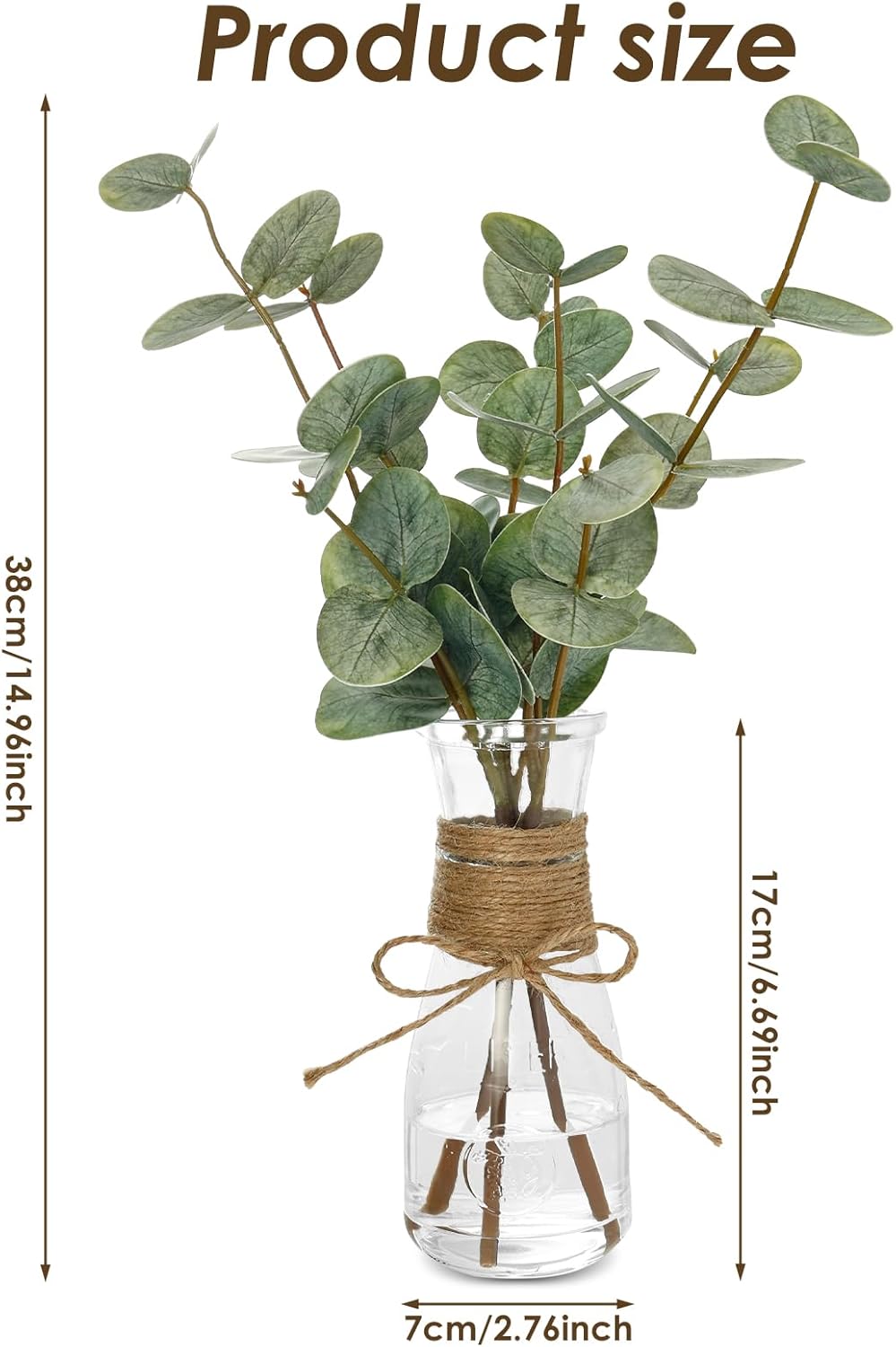Artificial Eucalyptus Stems in Glass Vase Decorative Greenery Artificial Plant with Double Sided Green Eucalyptus Leaves for Home Office Decor (Green)