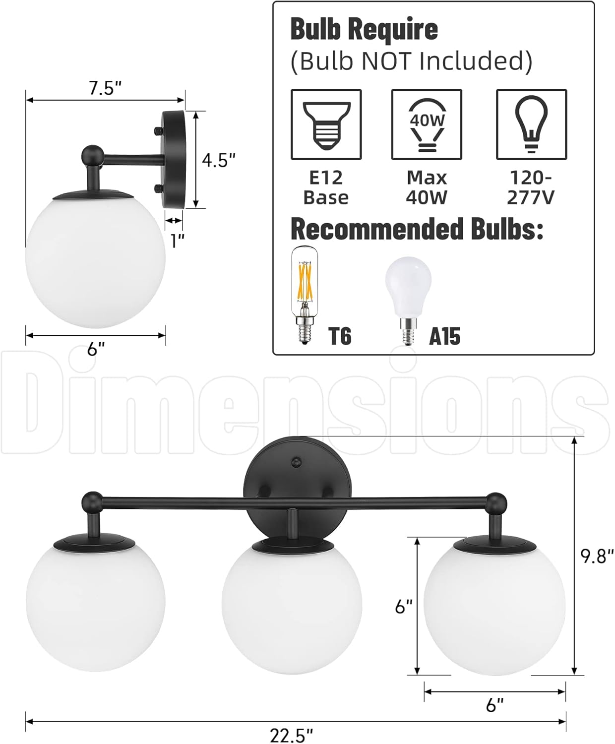Black Vanity Lights for Bathroom, Farmhouse Bathroom Light Fixtures 3-Light Over Mirror with Milky Glass Globe Shade, KW-7307-3