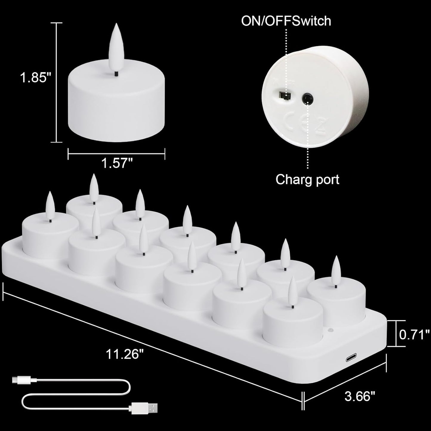 Rechargeable Tea Lights Candles Battery Operated, 12 Pcs White Battery Tea Lights with Remote and Charging Base, LED Flickering Tealights for Halloween Fall Christmas Decoration