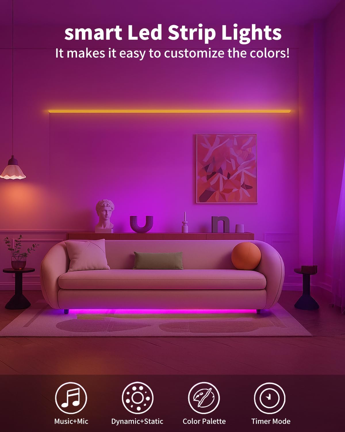 Smart LED Strip Lights 50FT for Bedroom App Control Lighting Bedroom Rome Decor with Remote, RGB Music Sync Color Changing LED Lights for Party,Game Room