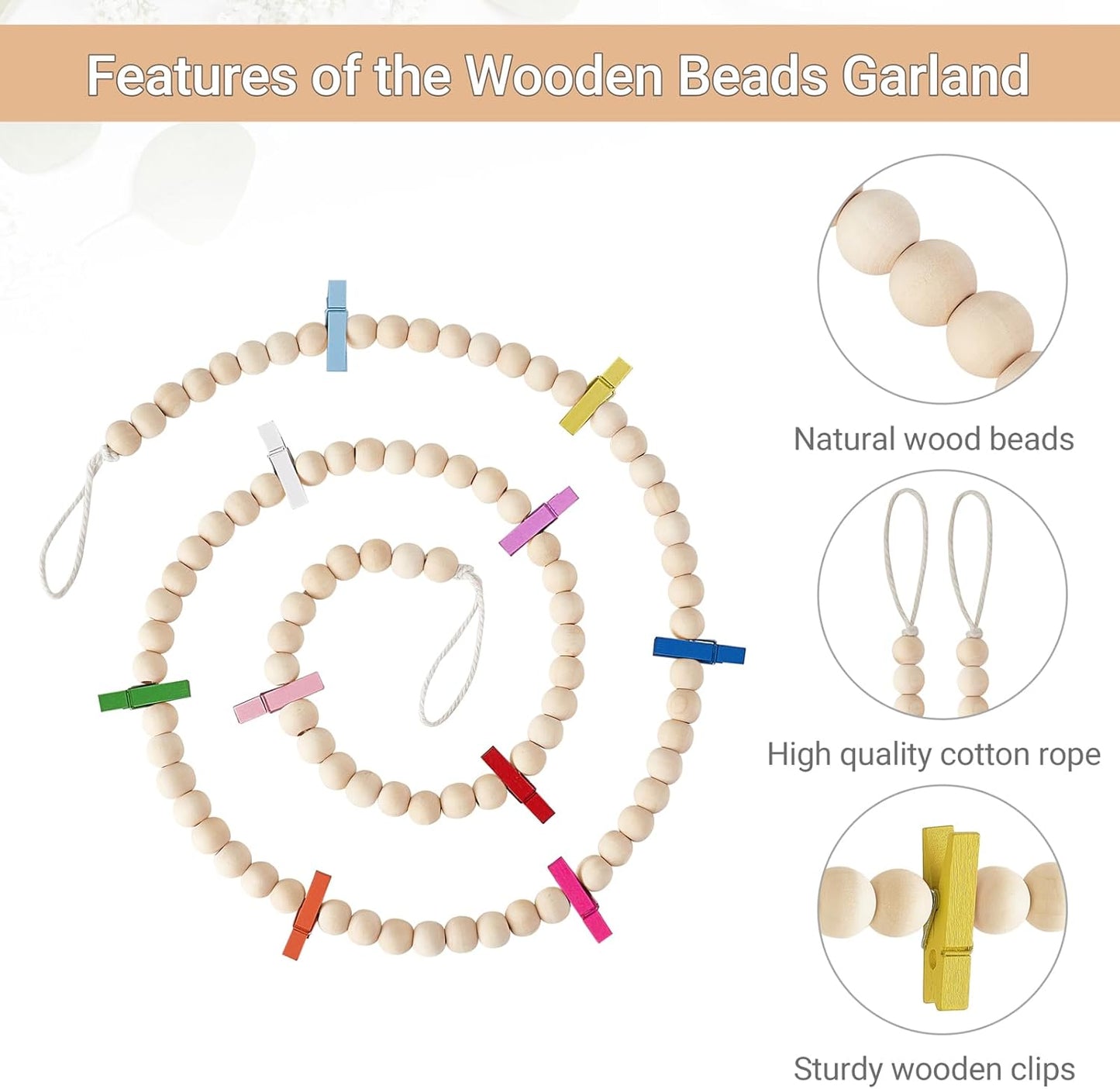 Mkono Hanging Photo Display with Clips, Boho Wooden Bead Garland Banner, Collage Card Picture Kids Art Holder String with 10 Clips for Christmas Bedroom Dorm Decor, Teen Girl Gifts, Mutil, 2 Pack