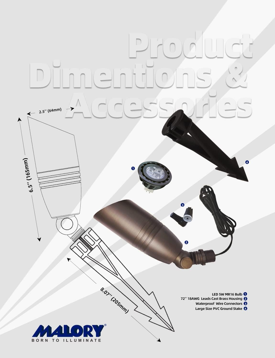 MALORY Brass Landscape Spotlights 10-Pack with Bulb Kit(S02), Low Voltage 12V AC/DC LED Outdoor Spot Uplights for House and Tree,PVC Ground Stake and Wire Connector Included, 5W 2700K Warm White