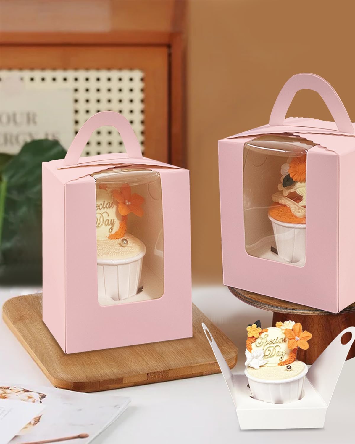 Bakepacker Auto-pop up Individual Cupcake Boxes with Window 60 Count Pink Single Cupcakes Box 3.6 x 3.6 x 4.3inch Cupcake Carrier