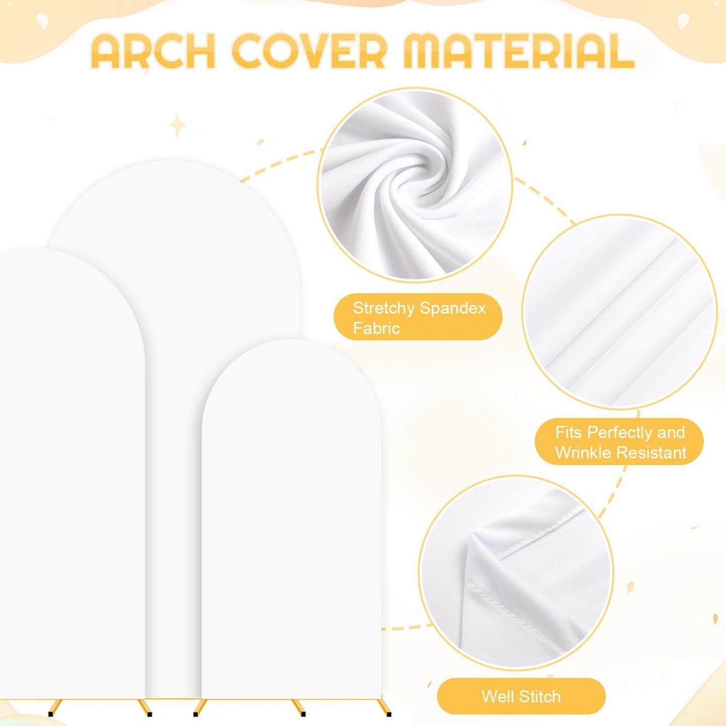 7.2FT,6.6FT,6FT Arch Backdrop Stand and Cover Set of 3 White Spandex Fitted Backdrop Cover Wedding Party Balloon Arch Stands Metal Arched Frame with Arch Covers for Birthday Baby Shower Ceremony Decor