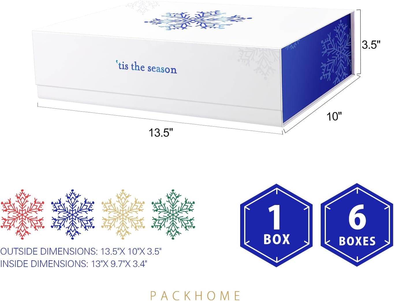PACKHOME 6 Christmas Gift Boxes 13x9.7x3.4 Inches, Large Gift Boxes with Lids, Sturdy Shirt Boxes with Magnetic Lids for Wrapping Gifts (Blue Snowflake Pattern)