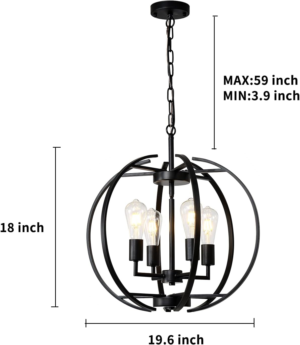 Large Lantern Globe Black Chandelier Lighting, Farmhouse Chandelier Adjustable Pendant Lighting Fixtures Hanging Ceiling 4 Light for Kitchen, Dining Room, Living Room, Hallway