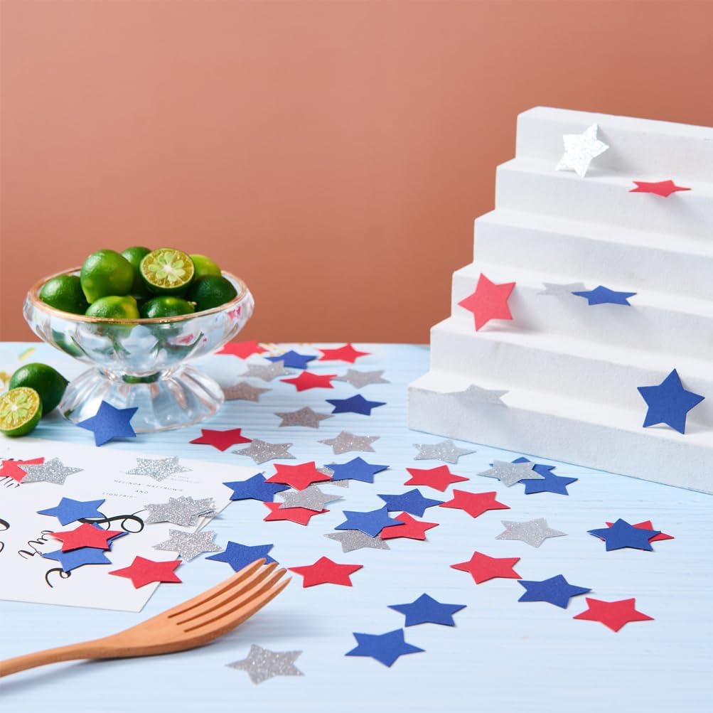 Silver Blue and Red Star Confetti Table Decoration for 4th July Independence Day Graduation Retirement Patriotic Theme Party,1.2 inch in Diameter,200 Counts