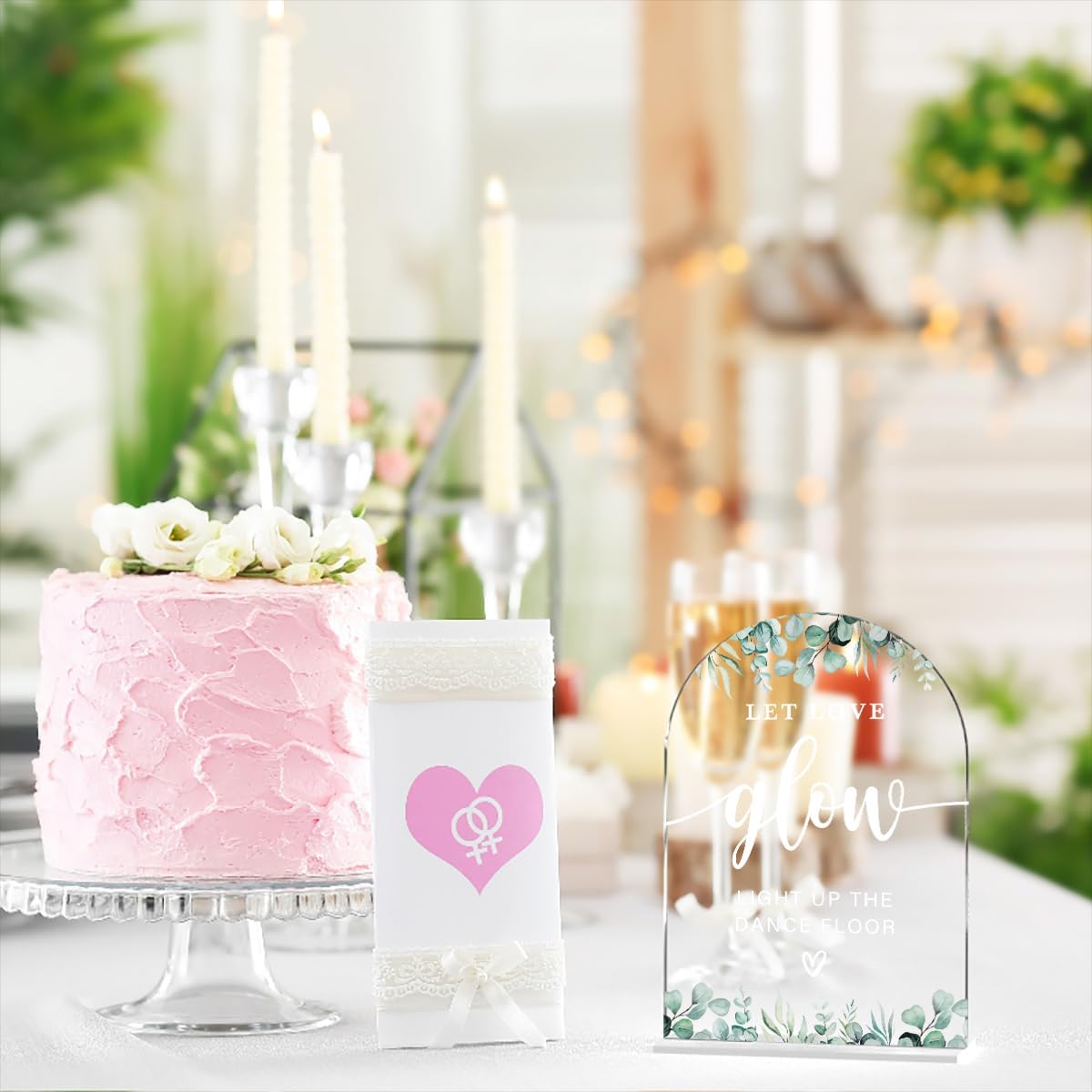 Acrylic Wedding Sign Let Love Glow Signs for Ceremony Modern Calligraphy Arch Acrylic Table Top Signs for Wedding Reception and Event Party Table Decor (Eucalyptus Leaves)
