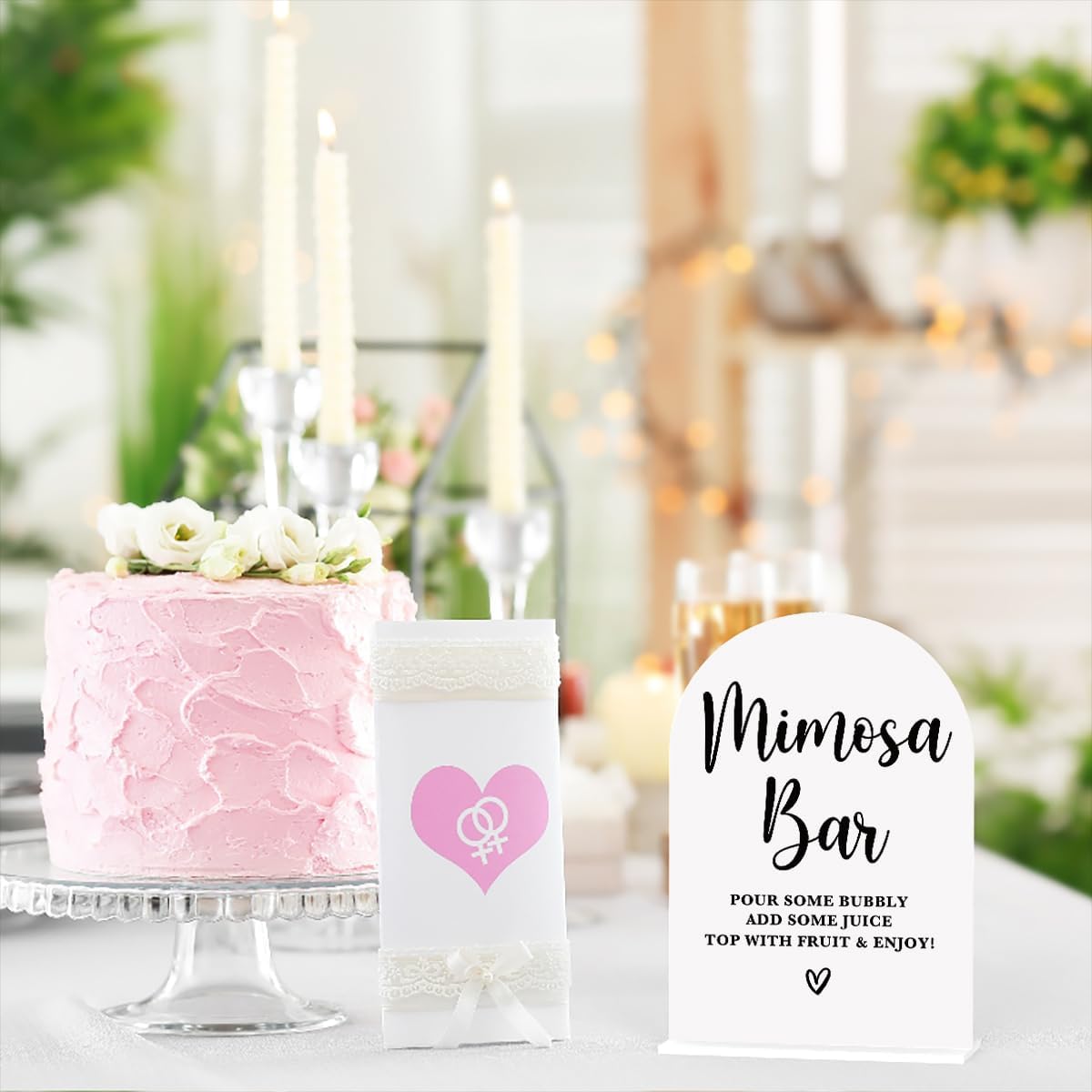 Acrylic Wedding Signs, Bridal Shower Decorations, Mimosa Bar Signs for Reception, Modern Calligraphy Arch Acrylic Table Top Sign for Wedding Reception and Engagement Parties (White)