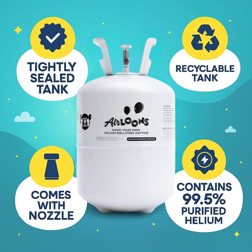Airloons Helium Balloon Kit with 14.9 Cu Ft Tank – Includes 50 Multicolor 9 inch Latex Balloons, Ribbon & Easy to Fill Nozzle – Easy Setup for Birthdays, Weddings, Baby Showers, DIY Party Décor