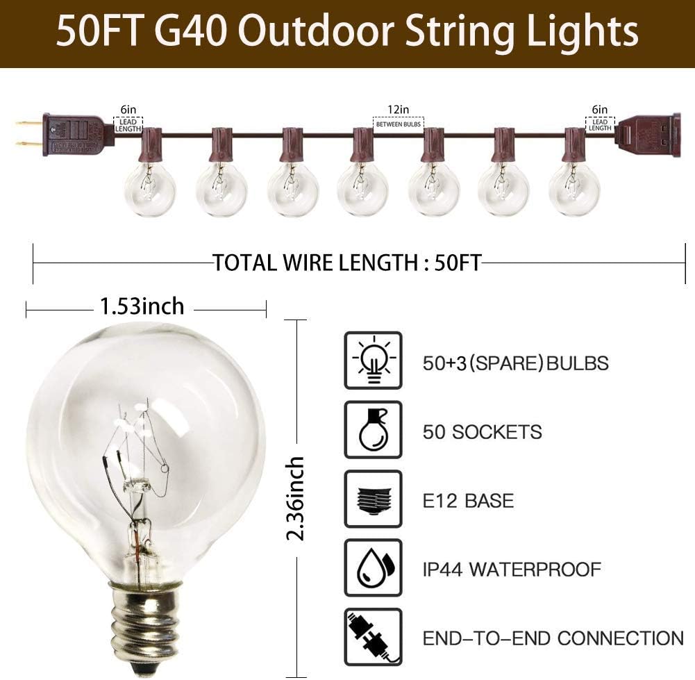 50Ft Outdoor Patio String Lights, G40 Clear String Lights with 53 Globe Bulbs, Waterproof Connectable Hanging String Lights for Outside Backyard Wedding Party Decor, E12 Base, Brown Wire