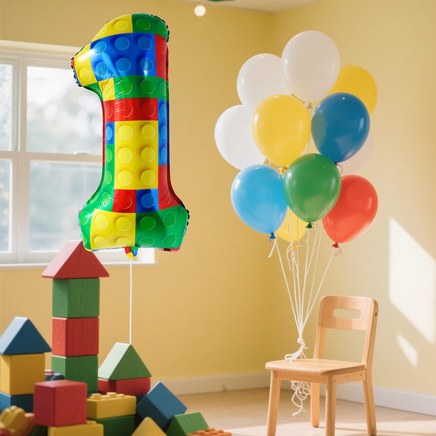32 Inch Stackable Block Number 1 Balloon – Colorful Brick Building Themed Big Helium Digits for Kids Birthday Party Decorations (Number 5) (Building Block, Number 1)
