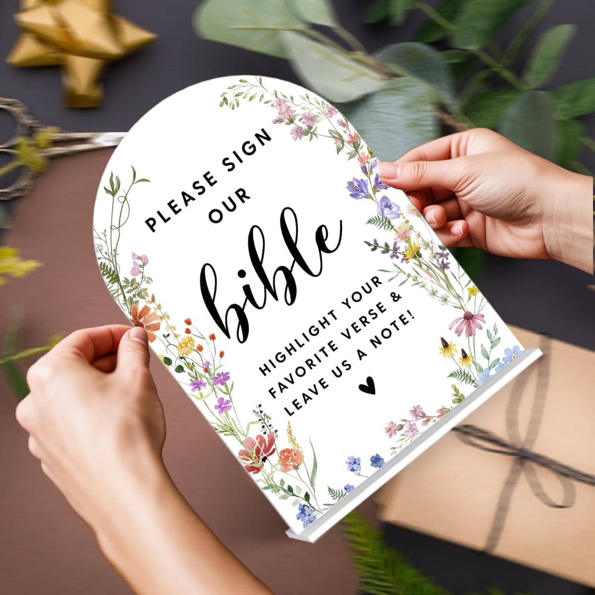 Acrylic Wedding Signs, Please Sign Our Bible Signs for Marriage Reception, Bridal Shower Decorations, Modern Arched Round Top Acrylic Table Top Sign with Holder for Wedding Party (White Wildflowers)