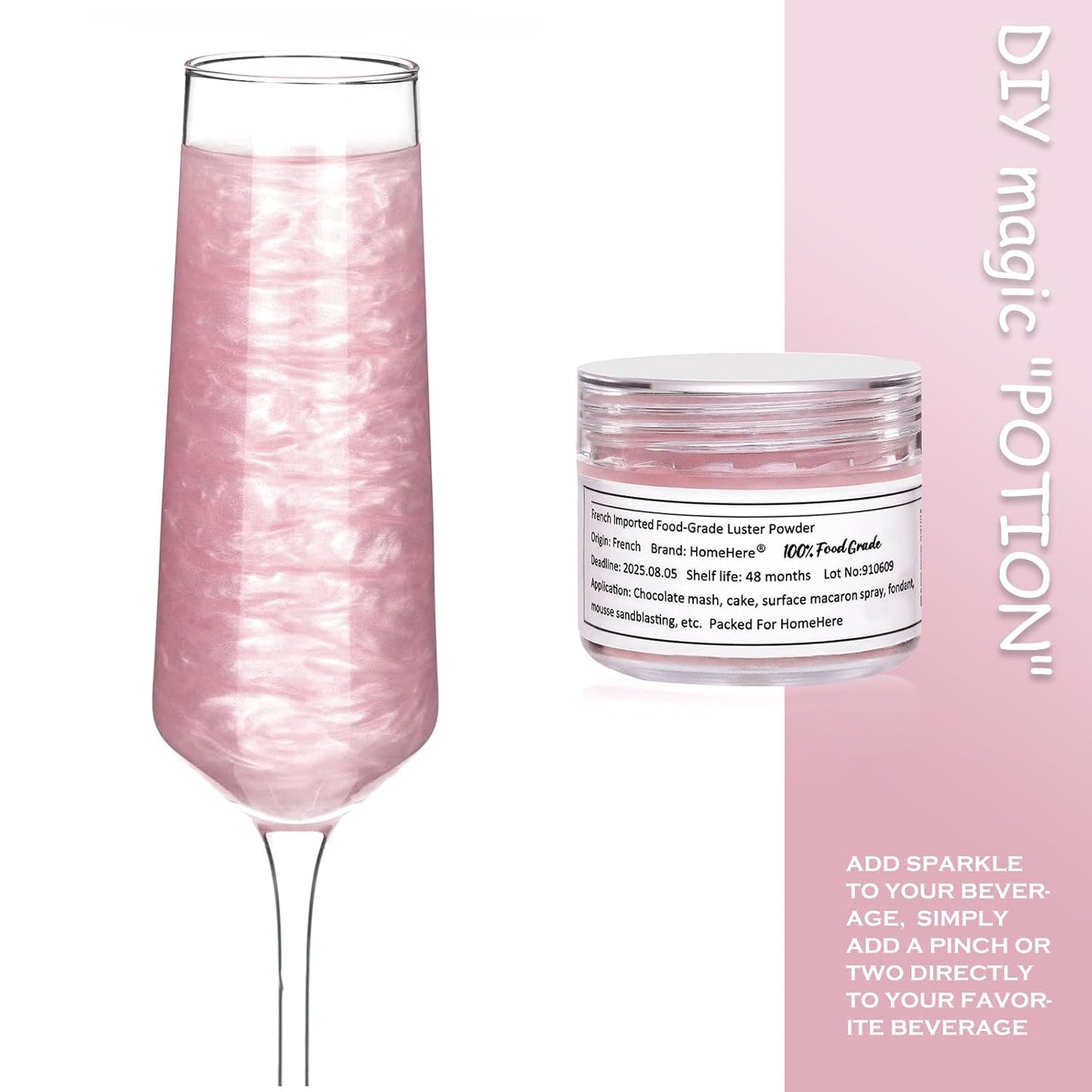 HomeHere Edible Luster Dust Food-Grade Glimmer Powder Glitter for Cake Decorating 7g, Edible Sprinkle Glitter for Cocktails Drinks Baking Candy Dessert Chocolate Vegan Tasteless, Light Pink
