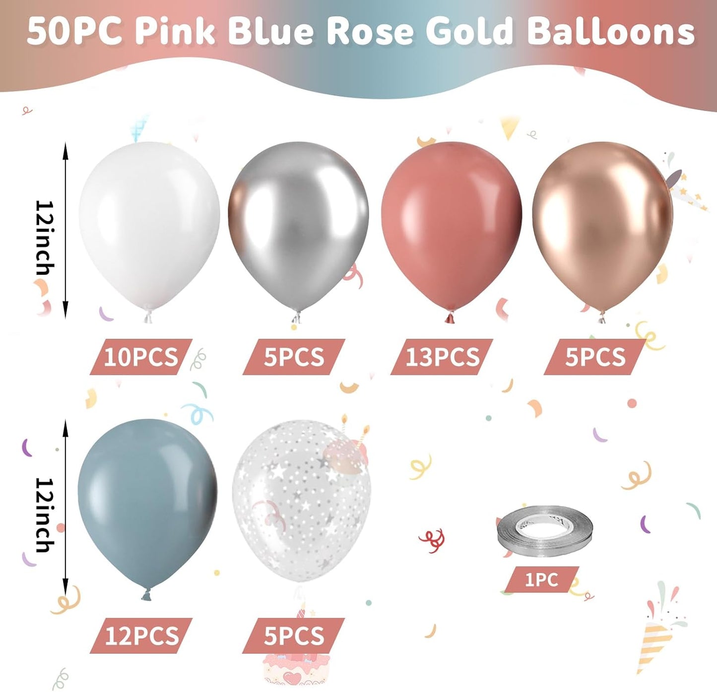 Dusty Pink Blue Balloons, Pink Blue Balloons, Silver White Rose Gold Blue Balloon, Clear Star Print Balloon for Birthday Gender Reveal Baby Shower Party Wedding Bridal Shower Bachelorette Supplies