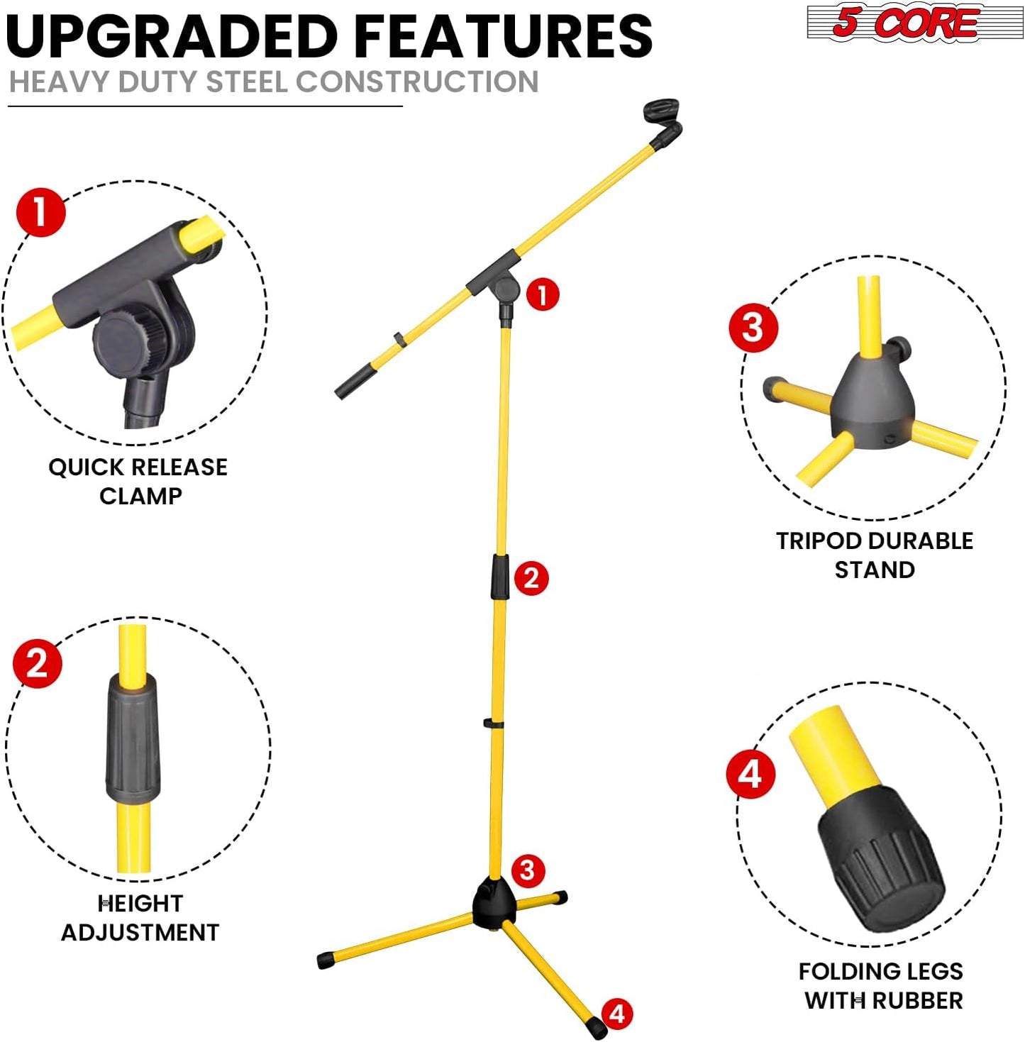 5 Core Tripod Mic Stand Floor Adjustable 18 to 72 Inches Sturdy Boom Arm Holder Microphone Stands Pedestal Para Microfono for Singing - MS 080 YLW