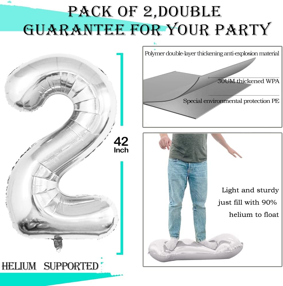 GOER Silver Number 2 Foil Balloons,Huge Number Balloons for 2nd 22nd Birthday Party Supplies Anniversary Decorations(3 pcs,42 inch,32 inc,16inch)