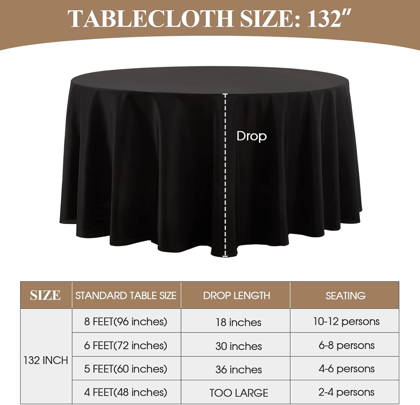 Round Tablecloth 132 Inch 8 Pack Black Tablecloths Washable Decorative Linen Polyester Table Clothes Cover for Dining Table Banquets Buffet Parties and Wedding