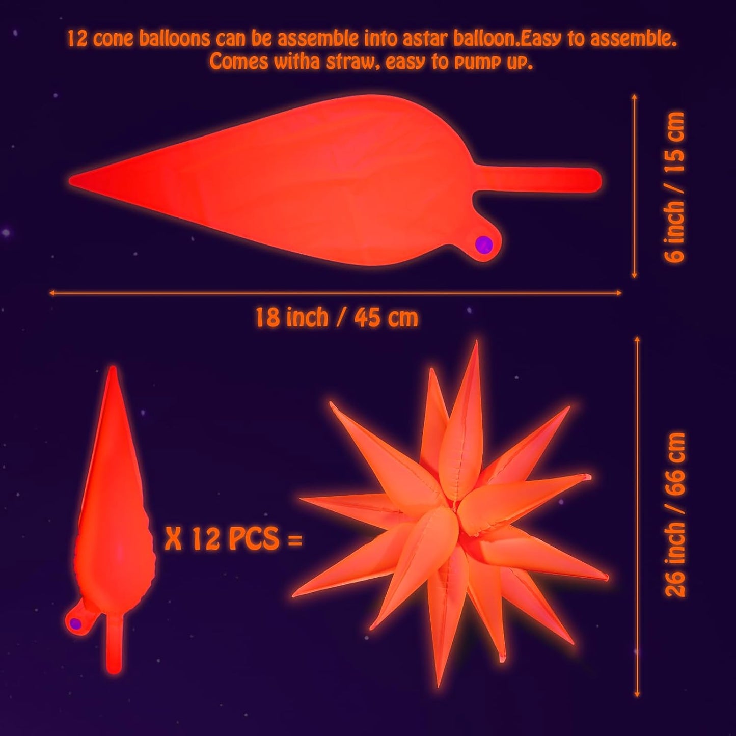 Mega-L Glow Glow in The Dark Party Supplies, 5 Pcs Neon Star Balloons Kit – Neon Foil Explosion & 12 pt Cone Balloons for Arches/Garlands. Perfect for Birthday, Wedding, Anniversary, Graduation Party