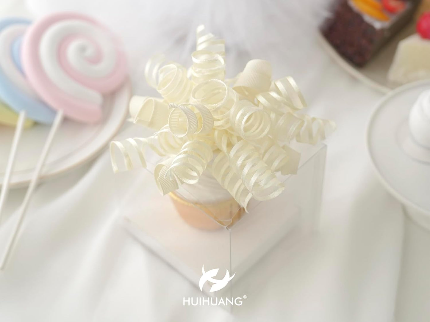 HUIHUANG Gift Wrapping Bows Gift Wrap Accessory Ivory Curly Ribbon Bow 5 inch x 8 Counts Stick On Bows for Presents, Paper Bag, Party Favors, Bridal Shower Wedding Decoration