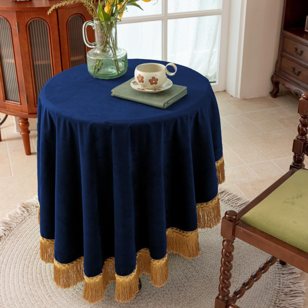 F-CHU Blue Tablecloth Thickset Velvet Tablecloth with Beautiful Gold Tassels Vintage Table Cloth for Home Decor Wedding, Party, Banquet and Events 48" Round