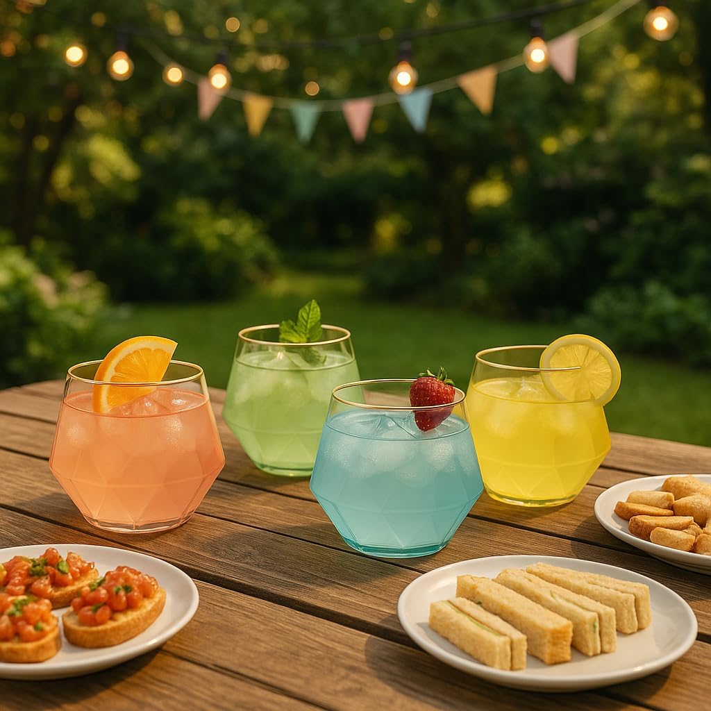 40 count Diamond Unbreakable Stemless Plastic Wine Champagne Whiskey Glasses Elegant Durable Disposable Indoor Outdoor Ideal for Home, Office, Bars, Wedding, 12 Ounce Cups Gold Rim (Color Collection)