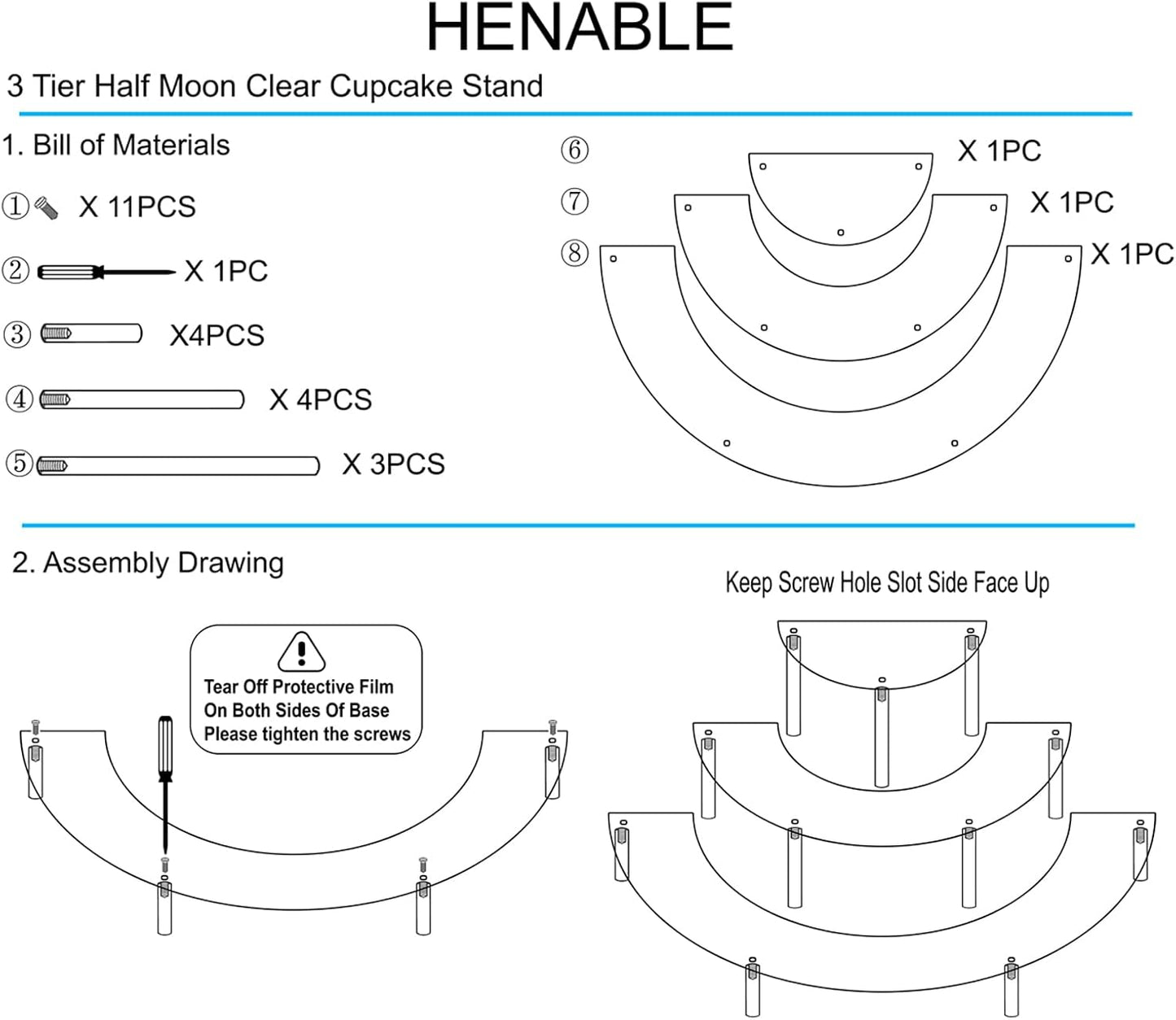 Acrylic Display Riser - 3 Tier Clear Cupcake Stand, Perfume Organizer, Half Moon Dessert Stand, Shelf for Food, Amiibo Funko POP Figure Display