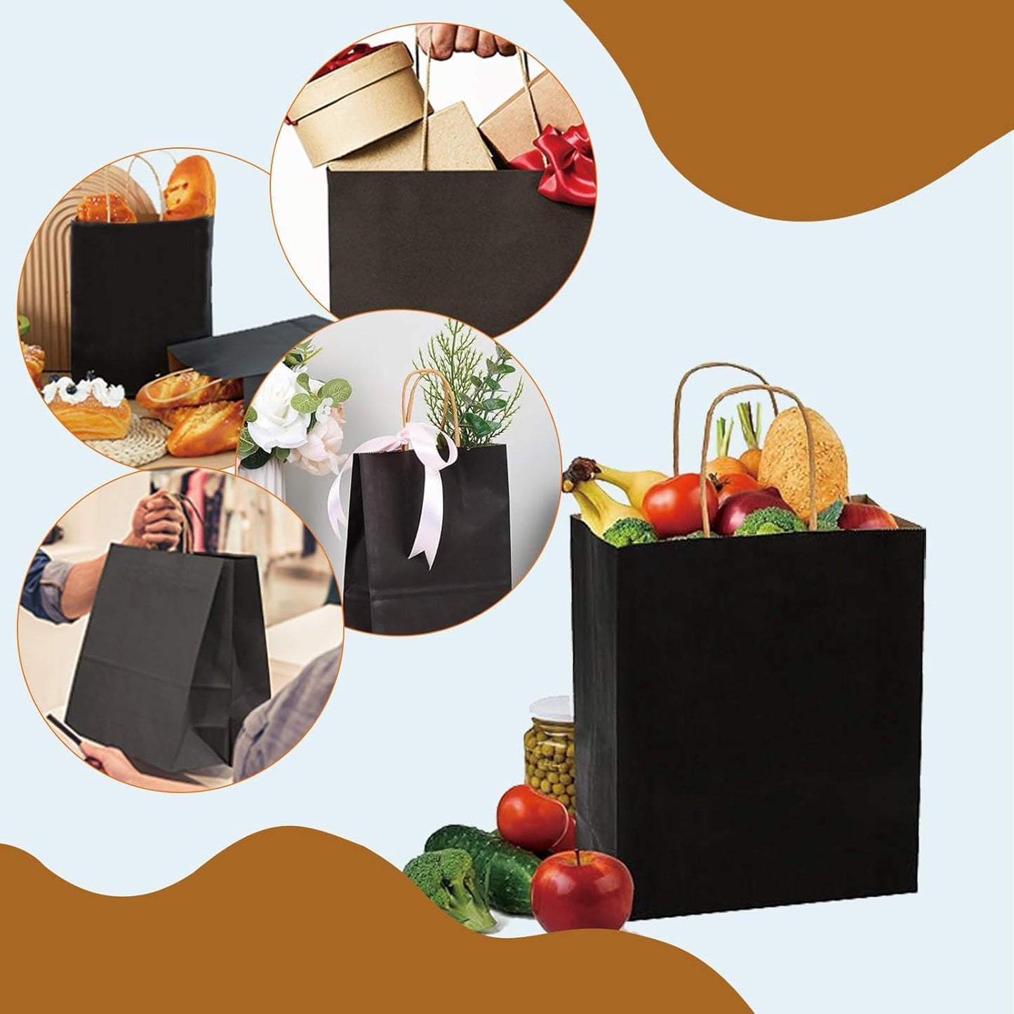 BAG BOX 25 Pack Small 5.9x3.1x8.25 Inch Black Kraft Paper Gift Bags with Handles for Bulk Shopping, Retail, Craft, Party Favors, Wedding, Grocery & Sacks