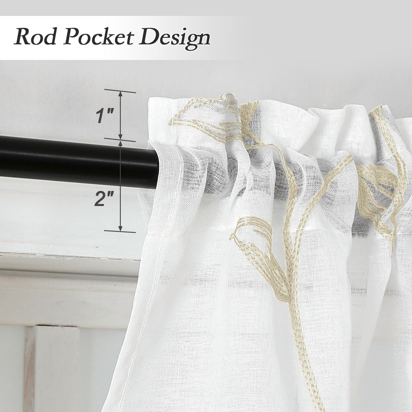 VISIONTEX White Sheer Voile Curtains, Decorative Leaves Embroidery Faux Linen Rod Pocket Window Drapes for Home Kitchen, Living Room and Bedroom 26 x 36 Inch, Set of 2 Curtain Panels