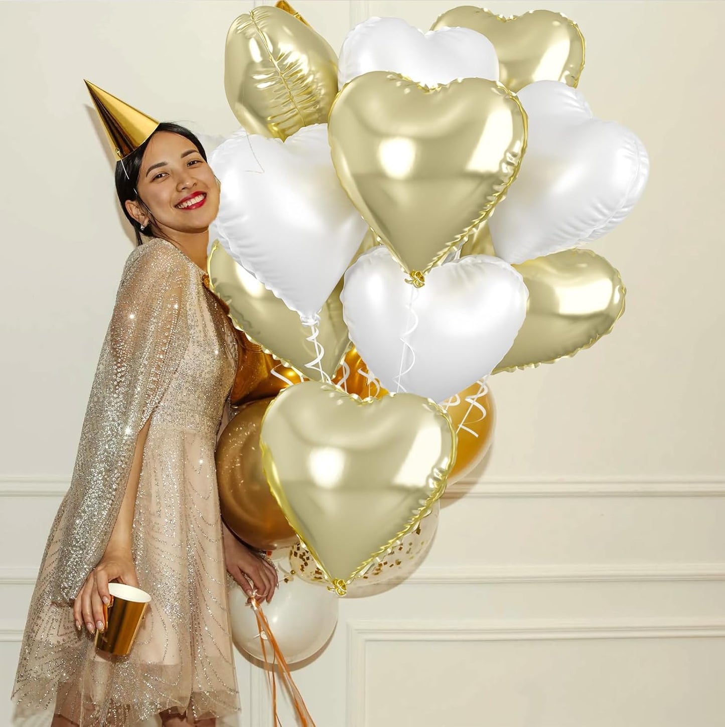 Biapian Pastel Gold Heart Balloons - 10 Pcs, 18 Inch, White Foil, Helium for Valentine's Day, Birthday, Wedding, Baby Shower Decoration