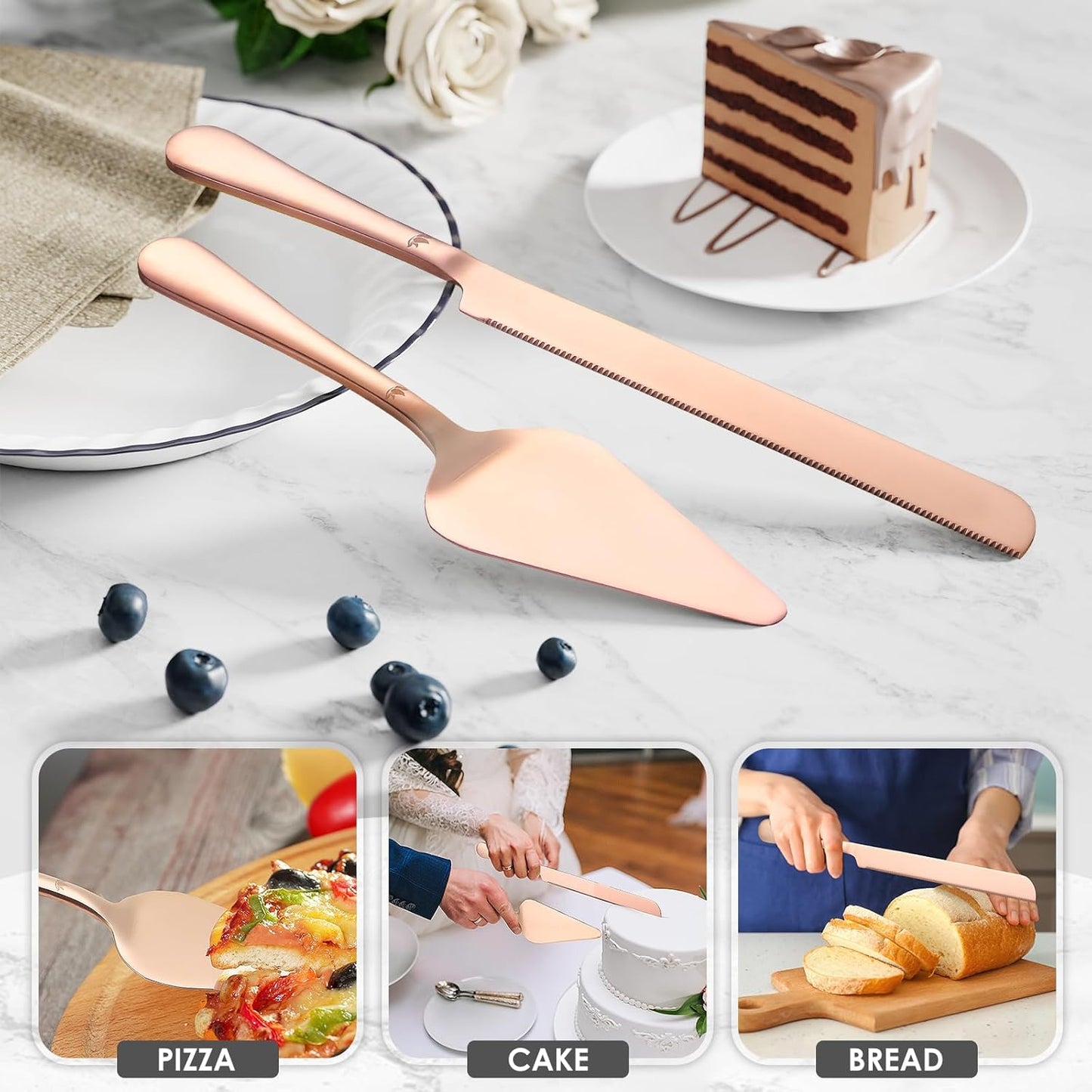Cake Cutting Set for Wedding - Extended Cake Knife And Server Set Thickened Stainless Steel Cake Cutter and Pie Spatula Great for Birthday Anniversary Christmas Gift Rose Gold 2 Pcs