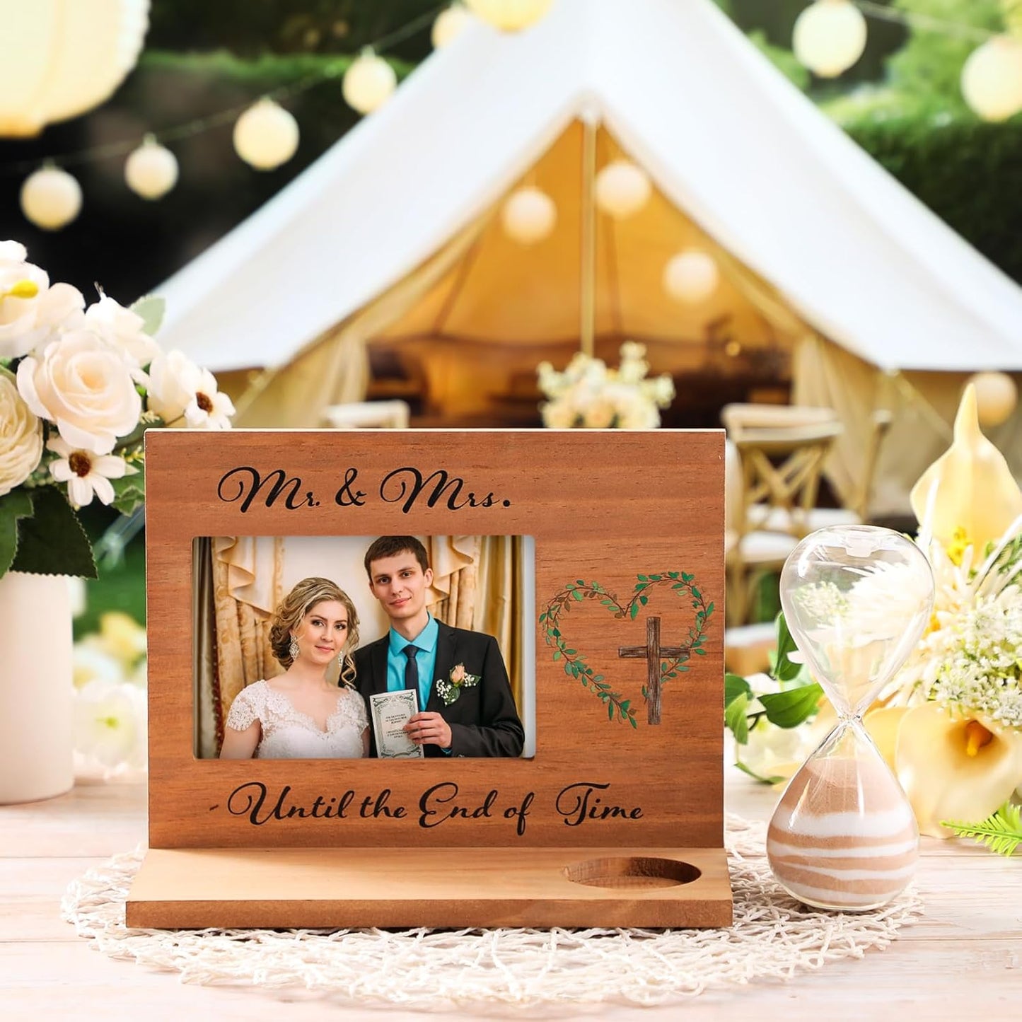 Blosssound Wedding Sand Ceremony Set Wooden Photo Frame, Hourglass Funnel, Sand, Glass Bottles, Mr and Mrs Until The End of Time Unity Kit for Weddings Ceremony Party Supplies(Nature)
