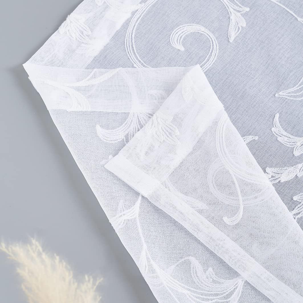 Sheer Curtains White 95 Inches Vintage Embroidered Floral, Window Treatments Rod Pocket Drapes for Living room, Bedroom, Semi Crinkle Voile Curtain Panels for Yard, Villa, Parlor, Set of 2, 52"x95".