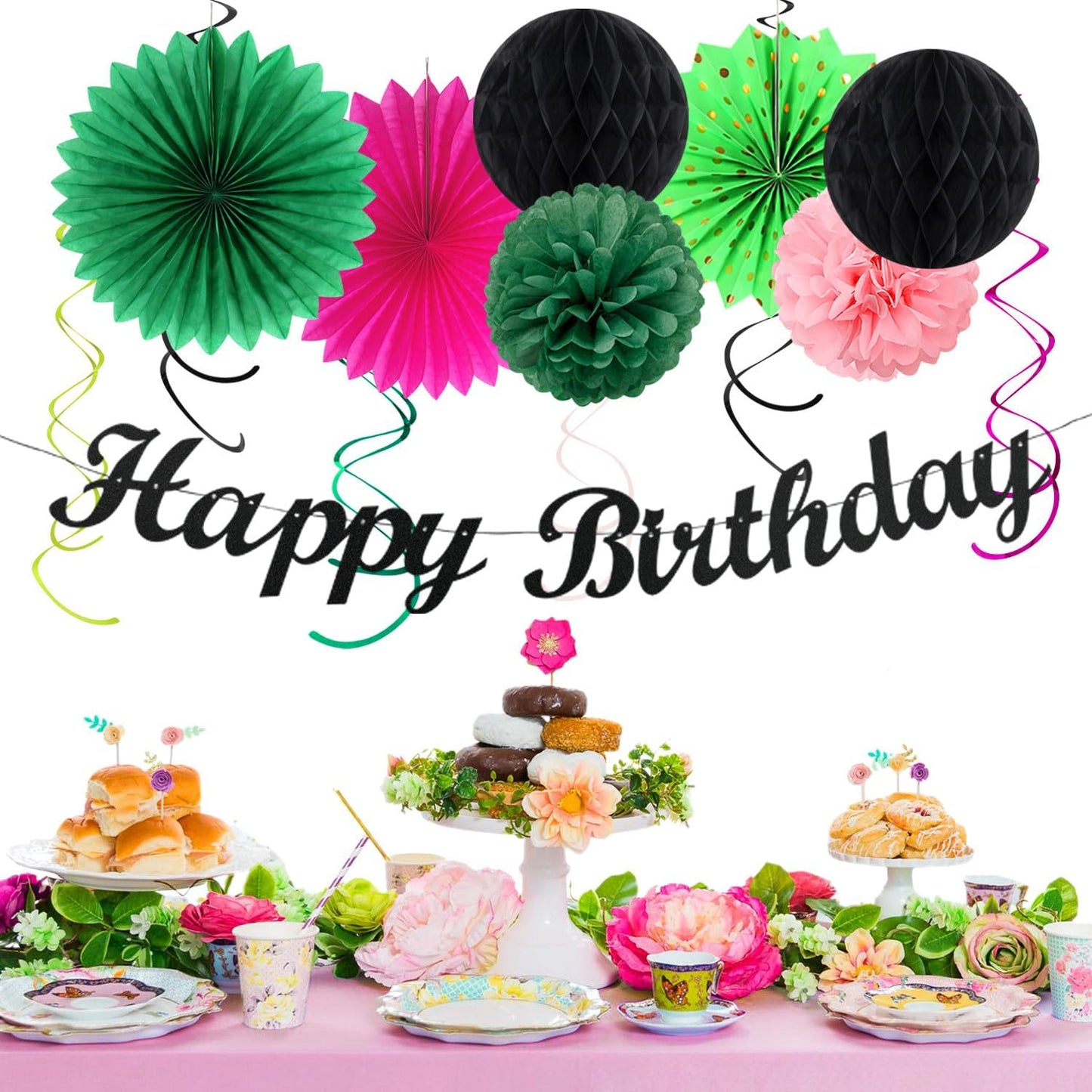 Green Hot-Pink Black Summer-Hawaiian Birthday Decorations - 21pcs Girls Woman Happy Party Banner Garland,Tropical Beach Pool Paper Streamers Lanterns,Flower Tissue Pom Poms Fan Supplies Decor Huglony