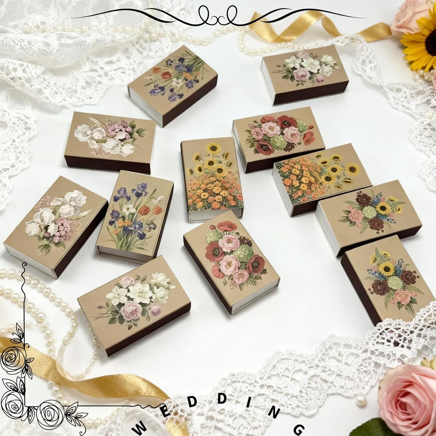60pcs Flower Match Boxes, 2.25x1.42x0.59in Bulk Fall Spring Floral DIY Light Brown Storage Containers Holders Double-Sided Strikers Wedding Bridal Baby Shower Birthday Party Favor, No Matches Included