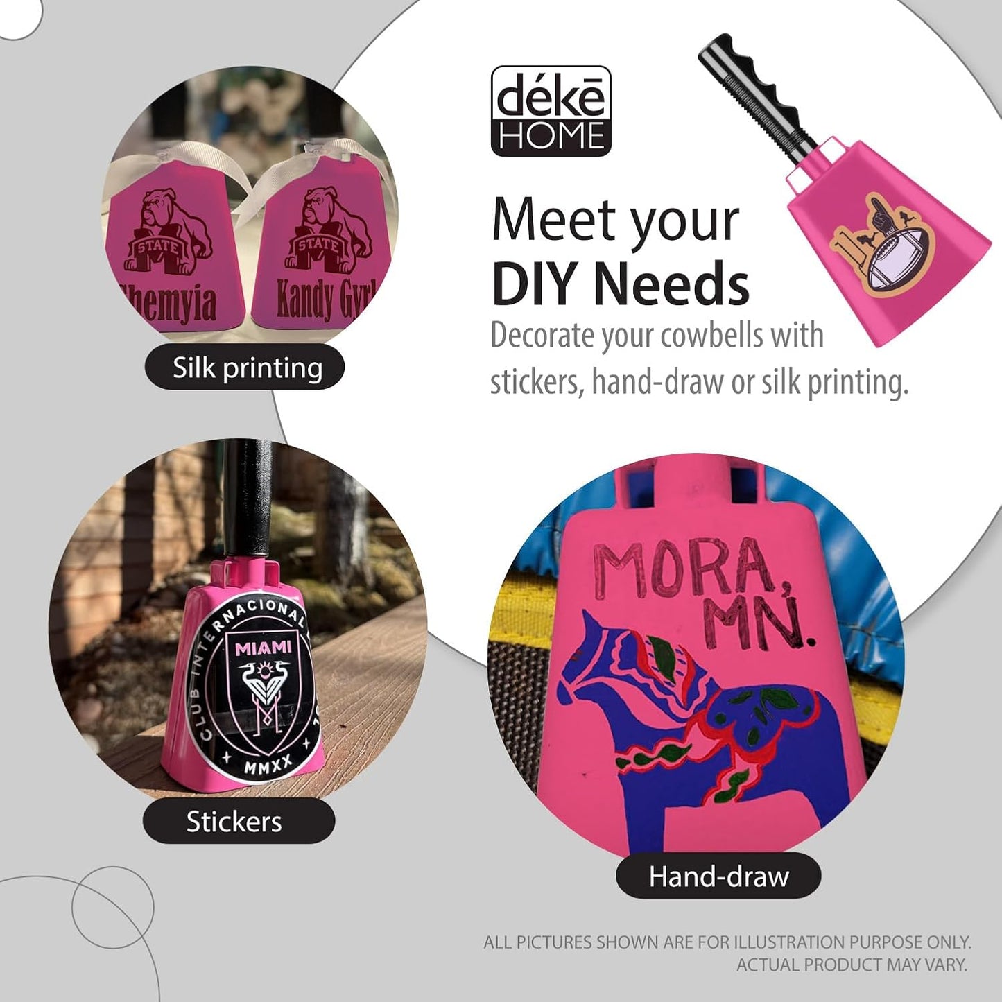 Deke Home - 2 Pack 10 Inch Steel Cowbells with Handle, Loud Noise Makers for Football, Sports, Parties, Competitions, School Spirit & Safety, Large Hand Bell for Cheering & Percussion Instrument