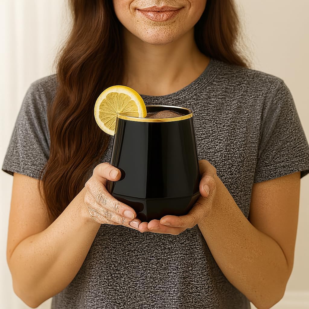 40 count Diamond Unbreakable Stemless Plastic Wine Champagne Whiskey Glasses Elegant Durable Disposable Indoor Outdoor Ideal for Home, Office, Bars, Wedding, 12 Ounce Cups (Diamond Black Matte Gold)