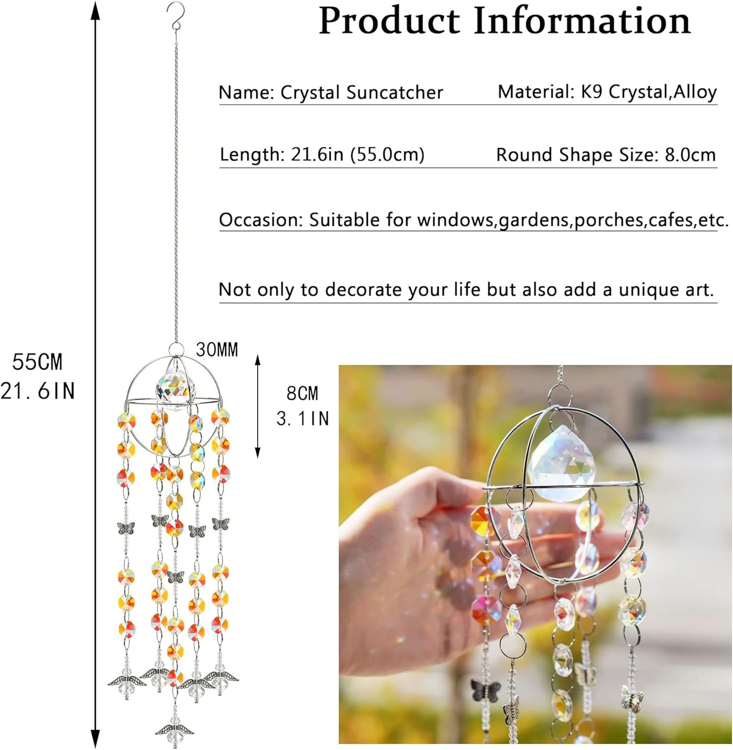Garden Suncatcher Crystal Pendant Round Shaped Glass Prisms Beads Chain Hanging Angel Ornament Rainbow Maker Aura Prism Glass Crystal Sun Catchers