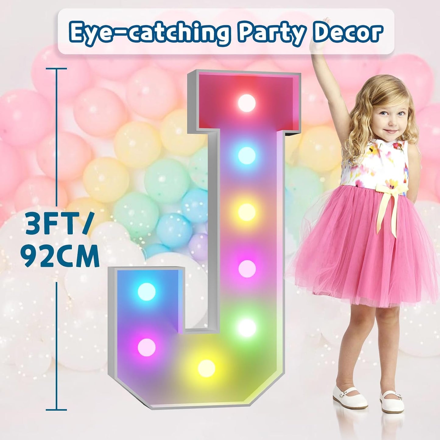 imprsv 3FT Colorful Marquee Light Up Letters J, 18 Colors Large Light up Letters Alphabet Sign with Remote, Big Marry Me Sign, Birthday Party Decorations Baby Shower Anniversary Wedding Decoration