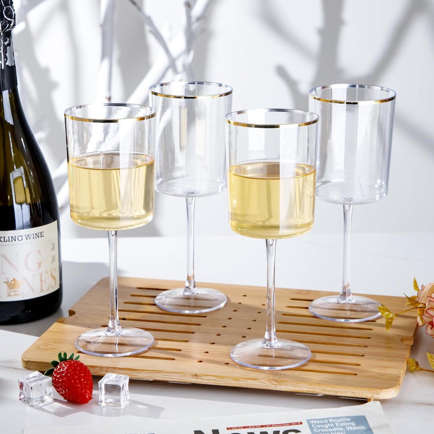 Ciaell 12 Pack Plastic Wine Glasses - 10 Oz Plastic Wine Glasses with Stem - Gold Rim Disposable Cups for Parties & Weddings & Poolside & Toasting & Outdoors & Thanksgiving