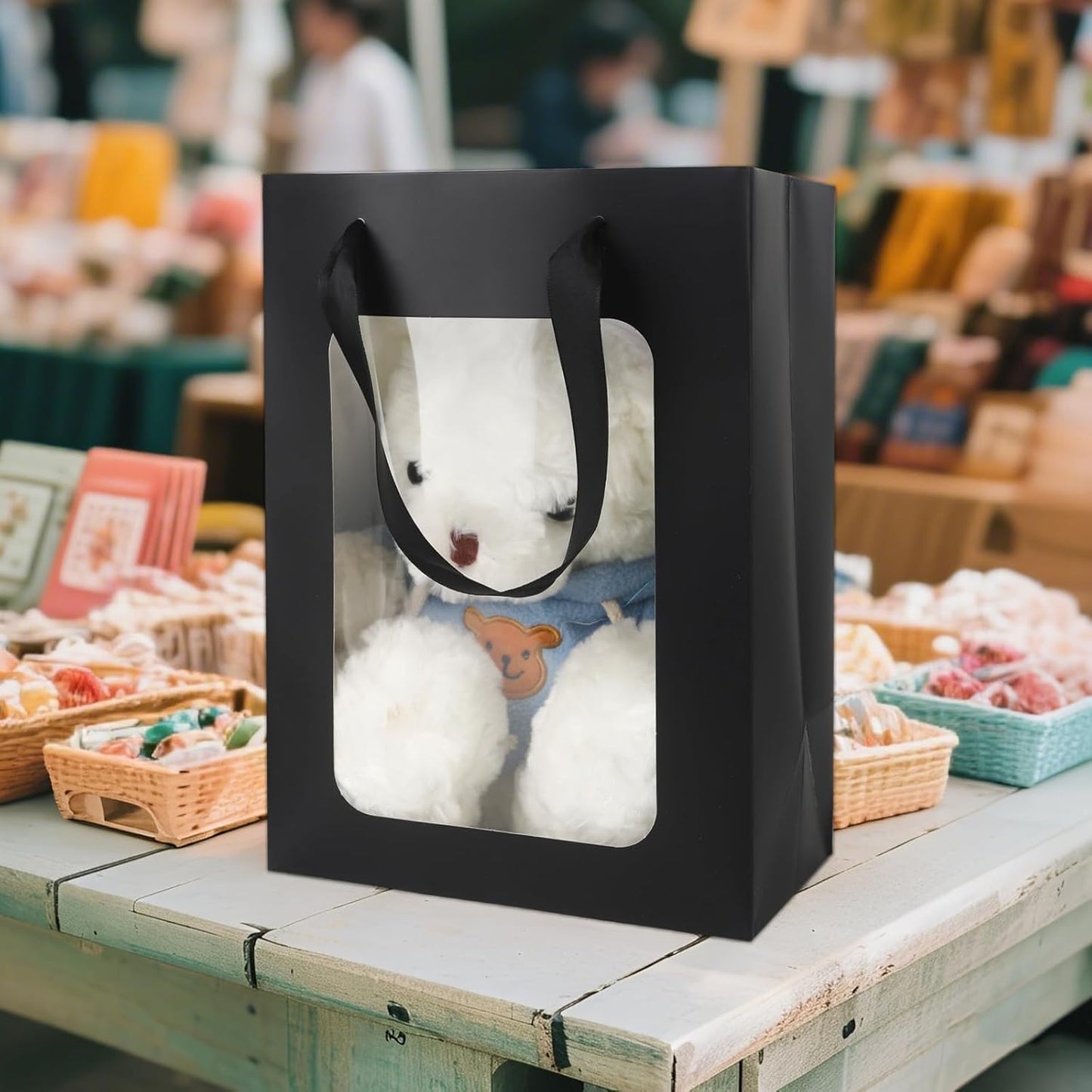 MOXARYSU 3 Pcs Black Gift Bags with Clear Window: 9.8x5.1x7.1 Inch Medium Kraft Paper Bags with Handle For Party Business Birthday Wedding (Black,3p)