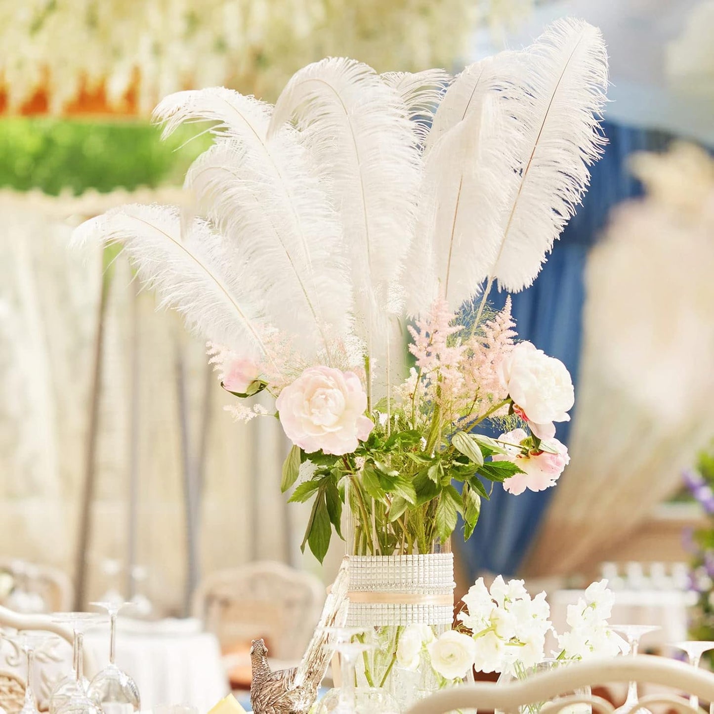 Hanaive 150 Pcs Ostrich Feathers Set Bulk Plumes 12-14 Inch (30-35cm) 70 Pcs Large Ostrich Feathers with 80 Sticks and Tape for DIY Crafts Wedding Home Party Centerpiece Decorations(White)