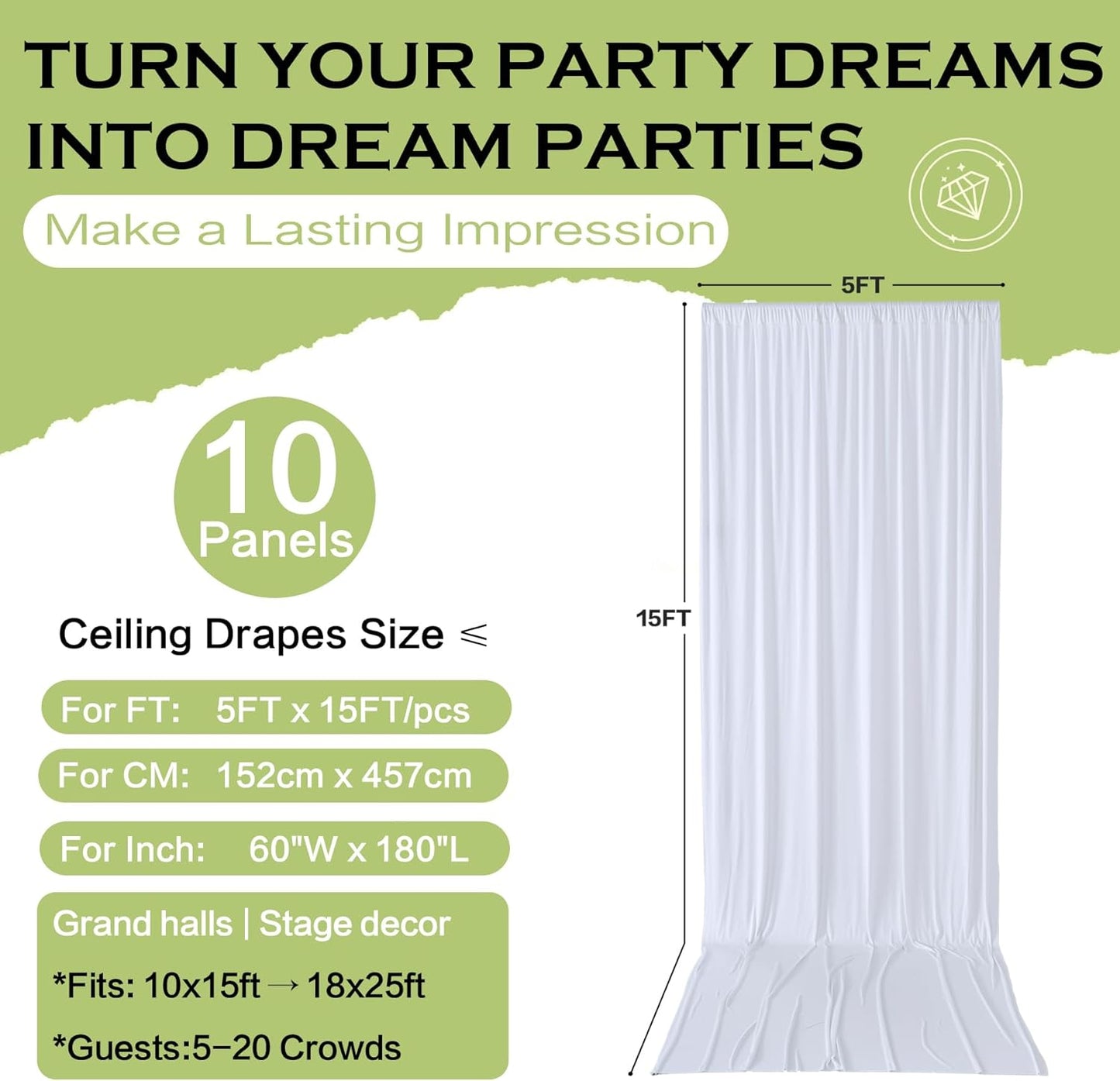 PartyVillage 50ft×15ft White Backdrop Curtain for Wedding Parties, 10 Panels Wrinkle Free 15 FT Long Polyester Photo Backdrop Drapes Back Drop Cloth for Birthday Photography Background