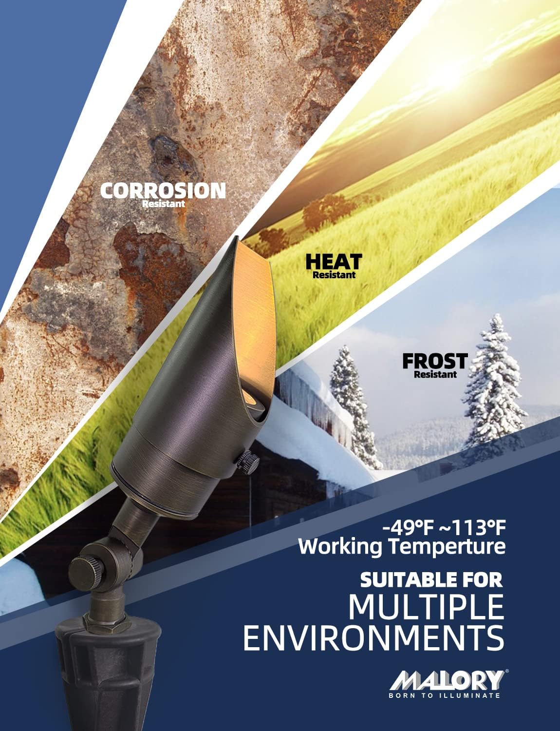 MALORY Brass Landscape Spotlight 12-Pack with MR16 Bulb Kit(S04), Low Voltage 12V AC/DC Shroud Adjustable Outside Yard Lights,PVC Ground Stake and Wire Connector Included, 5W 2700K Warm White