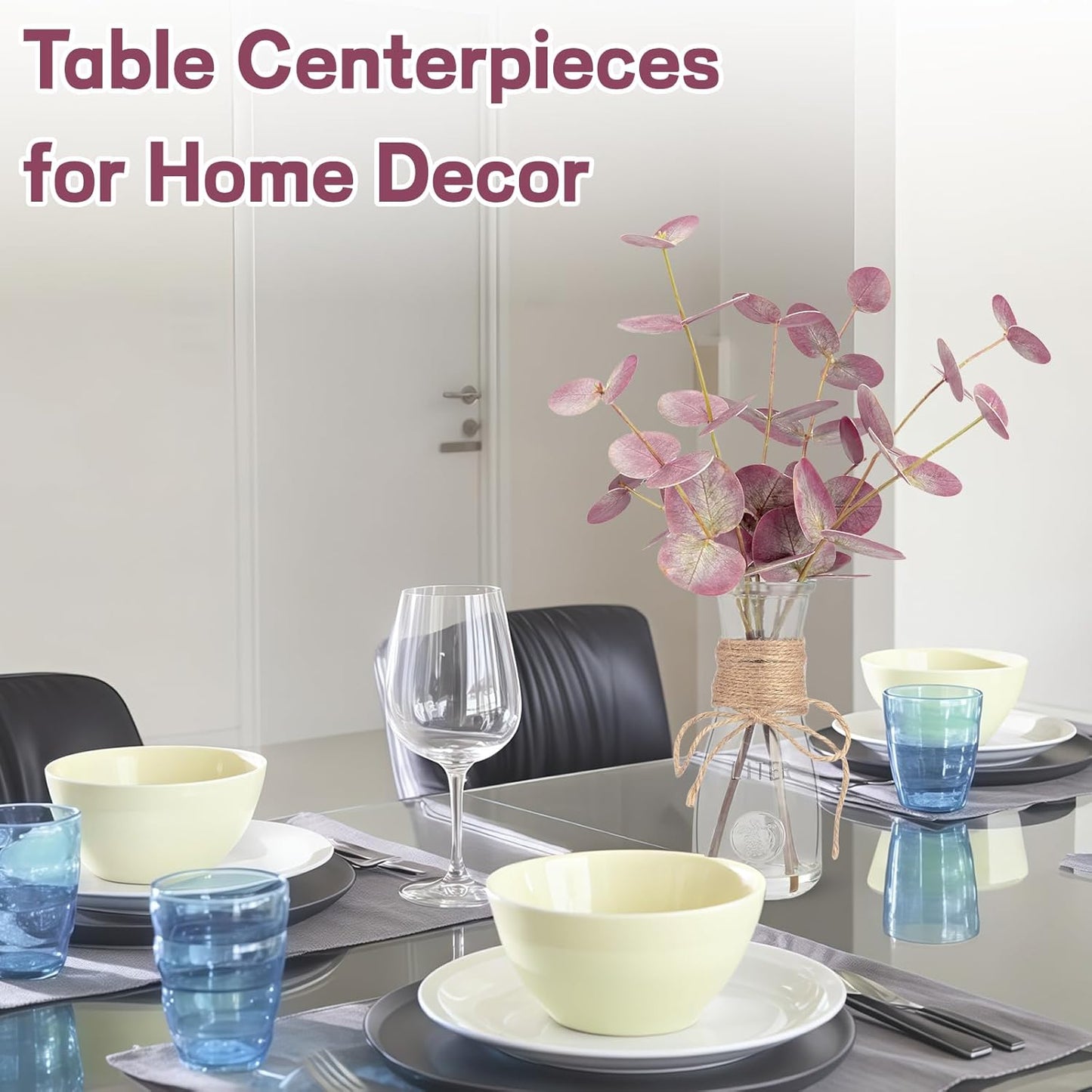 Artificial Eucalyptus Stems in Glass Vase with Faux Water, 15" Small Bathroom Greenery with Double-Sided Red Leaves, Farmhouse Office Decor, Realistic Fake Plant Wedding Centerpiece