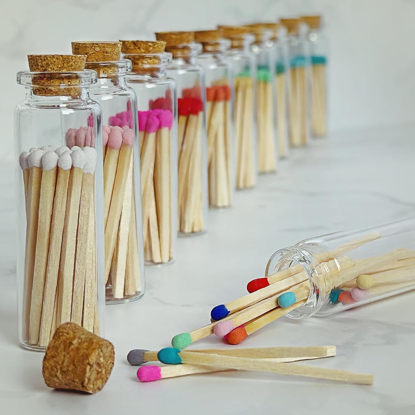 2" Matches in 6 Glass Bottles Cork Top, Striker Stickers Included | 120 Matchsticks Color of Your Choice | Decorative Safety Matches w/Small Glass Holder | Gifts & Home Decor by Thankful Greetings